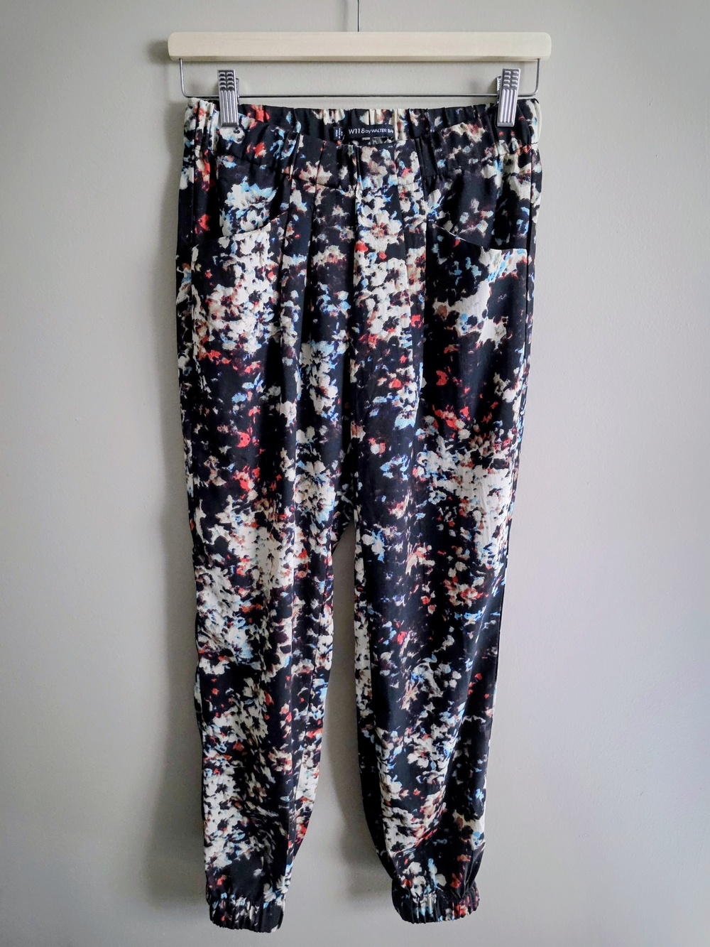 Abstract Floral Jogger Pants - Black with White & Red Accents
